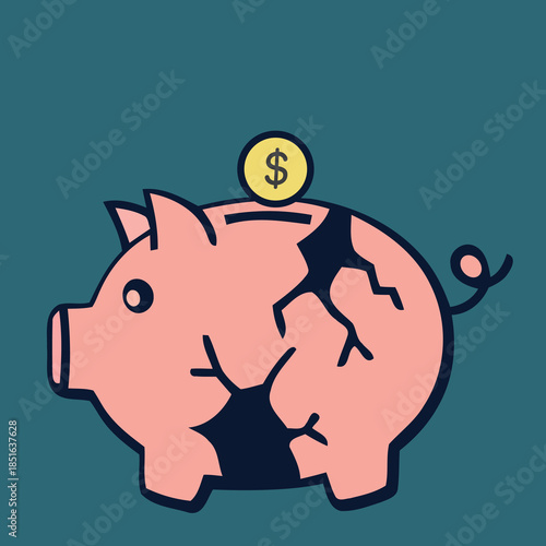 broken piggy bank vector illustration. Ideal for finance, savings, money management, or budgeting visuals.