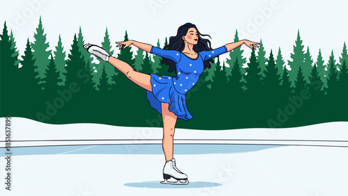 Elegant Figure Skater Performing a Graceful Spin on an Ice Rink Amidst a Winter Forest Scene