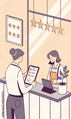 Customer and barista interacting at a cafe counter with a tablet.