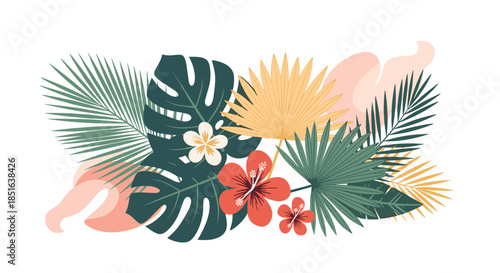 Beautiful horizontal composition of lush tropical leaves and exotic flowers like hibiscus and monstera, isolated on a white background.