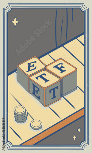 ETF Blocks and Coins on Wooden Surface.