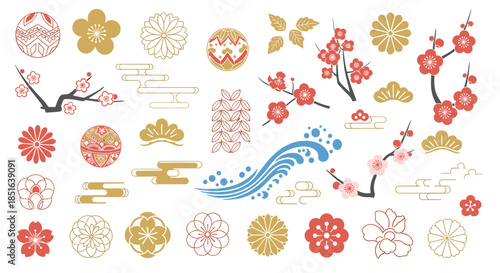 Large collection of traditional Japanese design elements, including plum blossoms, waves, clouds, and chrysanthemums in red and gold.