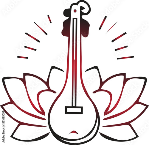 Elegant Sitar Lotus Flower Design: Indian Classical Music Instrument Art for Cultural, Spiritual, and Musical Inspiration