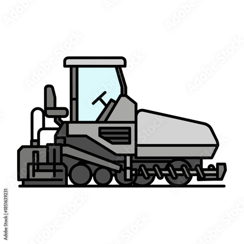 Illustration of a modern asphalt paving machine working on a road construction site.