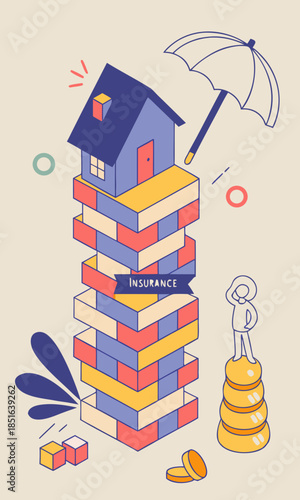 Home insurance concept with house on stacked blocks and umbrella.