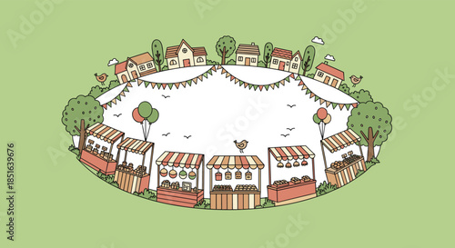 Whimsical cartoon illustration of a lively outdoor market or festival with stalls and houses arranged in a circle with copy space.