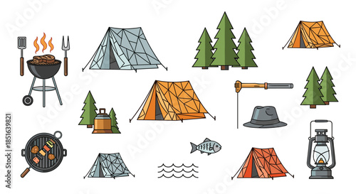 Colorful collection of camping and outdoor adventure icons, including tents, a barbecue grill, trees, and fishing equipment for travel.