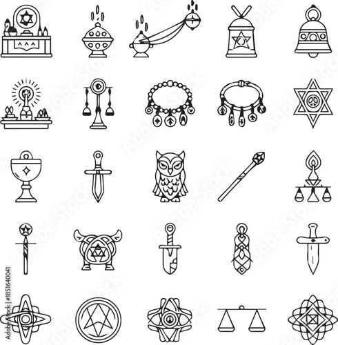 Spiritual Ritual Symbols Minimal Line Icons Black White Vector
