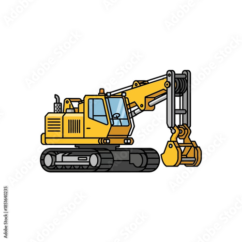 Yellow Excavator Machine with Claw Attachment on White Background.