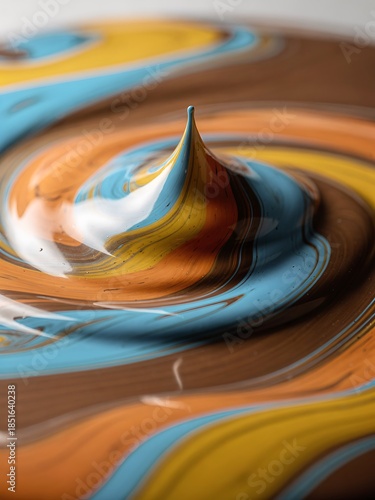 Abstract liquid swirl featuring a smooth central peak formed by flowing blue, yellow, brown, and white tones, creating a dynamic macro texture with organic motion and modern visual depth.