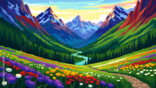 Vibrant Mountain Valley Landscape with a Winding River and a Path Lined with Colorful Wildflowers Under a Sunset Sky