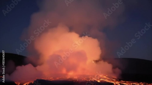 Volcanic Eruption at Night With Glowing Lava Fountains Drifting Smoke Clouds and Cinematic Time Lapse