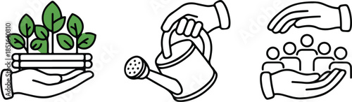 Hand Holding Community Garden Icons Line Art Vector Urban Farming Collaboration