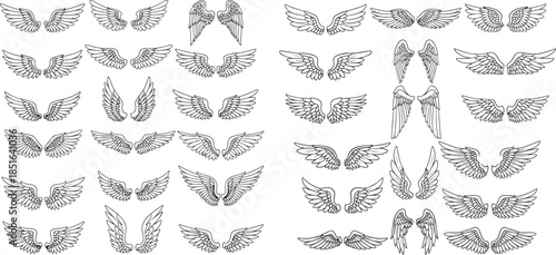 Angel wing doodle pen drawn icon set. Outline drawing angel wings line clipart symbol collection