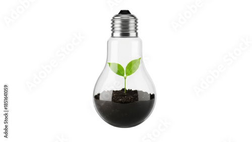 Light bulb with plant inside isolated PNG, concept of green energy and environmental conservation, sustainable future