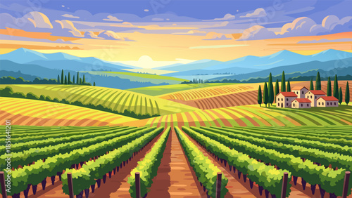 Rolling sunlit vineyards stretch towards distant blue hills under a vibrant, cloud-dappled sky, evoking Tuscan charm and agricultural beauty