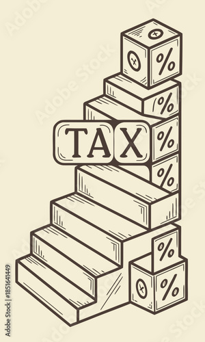 Taxation concept with rising steps and percentage blocks.