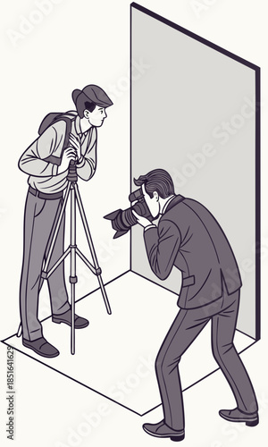 Two photographers capturing images with professional cameras and tripods.