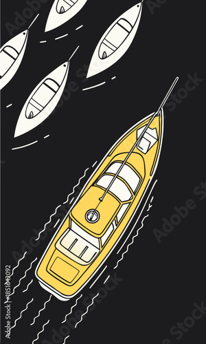 Yellow boat sailing on dark water with other boats.