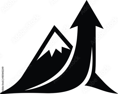 Black silhouette of a mountain with an upward arrow and swoosh on a white background peak summit