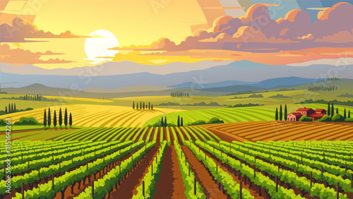 Golden Sunset Over Rolling Vineyards and Tuscan Hills, Evoking a Sense of Serenity and Natural Beauty