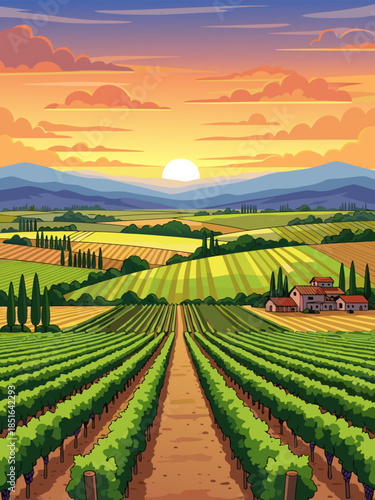 Beautiful Rural Landscape of Rolling Hills with a Vineyard at Sunset, Italy's Scenic Countryside