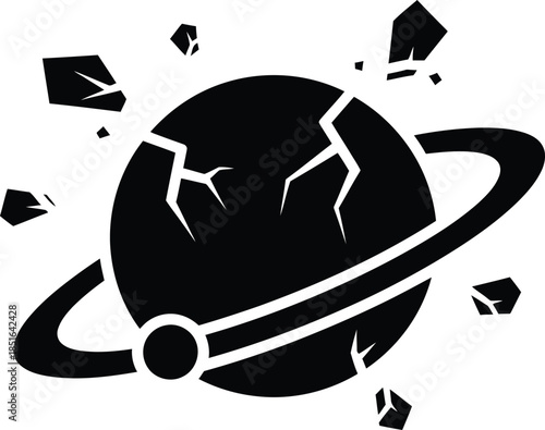 Cracked Planet With Ring And Moon Debris Floating In Space broken