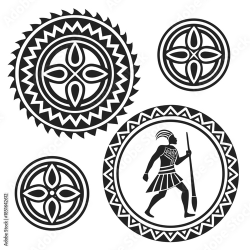 Ancient symbols and warrior illustration