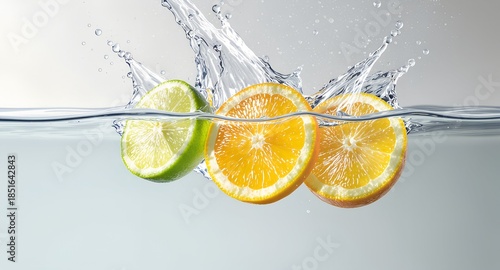 Vibrant citrus slices splash into clear water