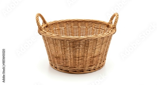 Handwoven wicker basket with two handles for storage and decoration isolated on white background