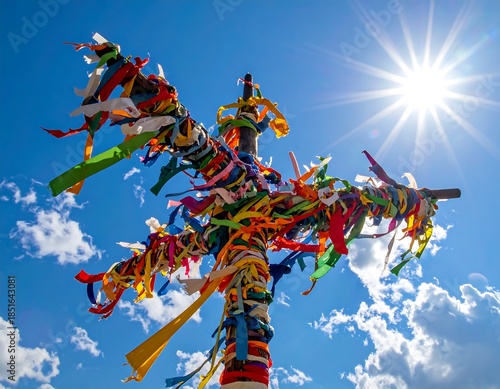 Wooden cross decorated with colorful ribbons under bright sun