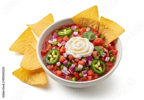 Delicious fresh salsa with tortilla chips ready to eat isolated on white background