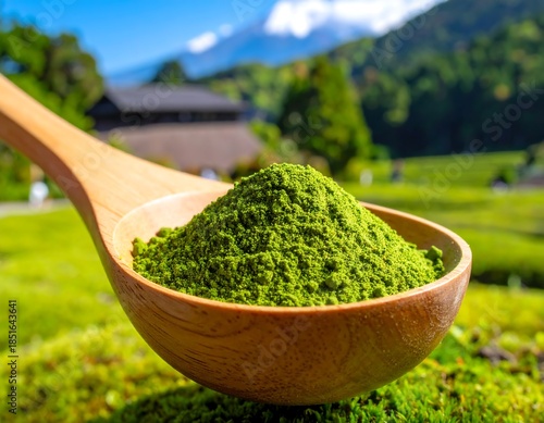 Wooden spoon holds vibrant green powder; mountain and landscape visible