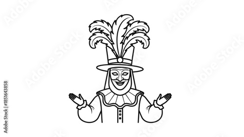 Man in Venetian mask and feathered hat with open arms.