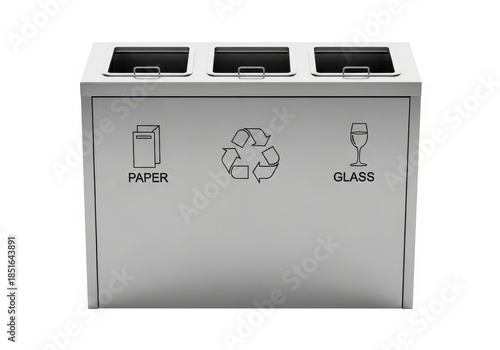 Modern stainless steel triple recycling bin station for paper glass and plastic
