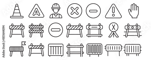 Construction barriers and warning signs icons for safety and restriction