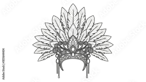 Detailed Outline Drawing of a Feathered Headdress with Jewels.