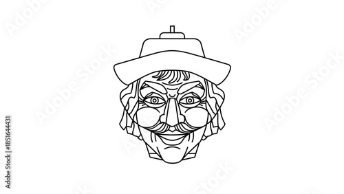 Detailed Outline Drawing of a Mans Face with Hat.