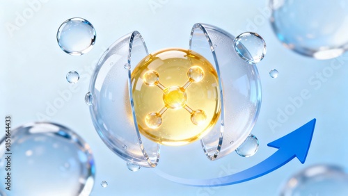 Transparent frosted high-tech beauty ingredient 3D render, with a central composition and a light blue main hue creating a fresh high-tech style