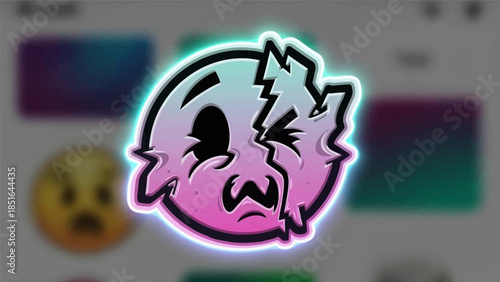 Distorted smiley face emoji with glitch effect and neon glow.