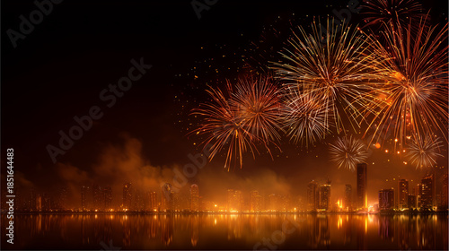 New Year celebration background with golden fireworks over modern city skyline at night, festive atmosphere, copy space, commercial stock photography style