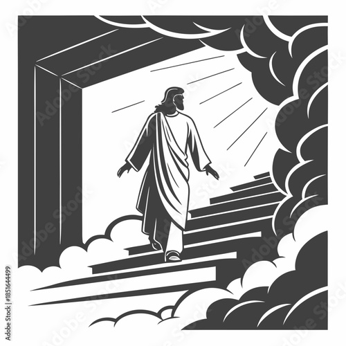 Jesus Christ ascending to heaven through a radiant light and clouds.