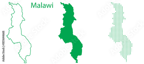 Malawi Map Vector Set, Southeast Africa Outline Silhouette Dotted Green Shapes, Malawi Country Infographic Template, Editable EPS Malawi Geography