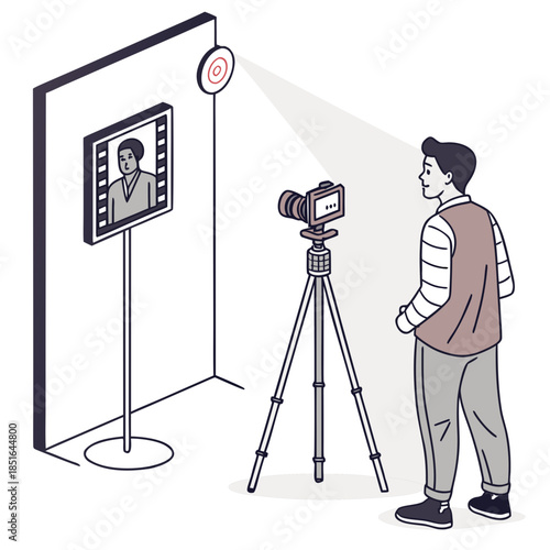 Man filming himself with a camera on a tripod with a screen showing his image.