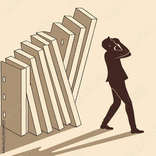 Man in panic as domino effect of files falling down.