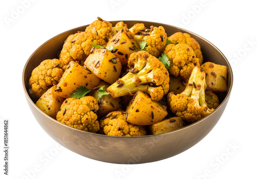 A bowl of vibrant, spiced cauliflower and potatoes, showcasing a warm, golden hue, served on a dark background.