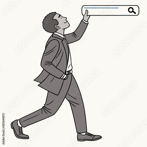 Man in suit holding a search bar looking for information.