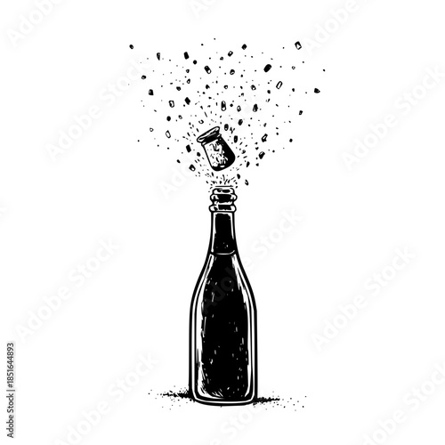 Illustration of a champagne bottle with its cork popping and debris flying in a black and white sketch