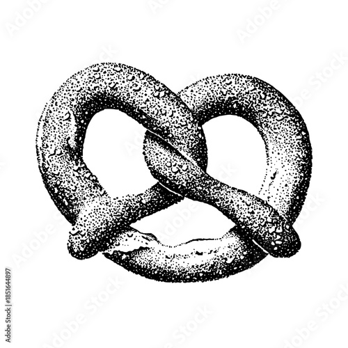 A detailed stippled drawing of a pretzel with visible salt grains on a plain white background illustration