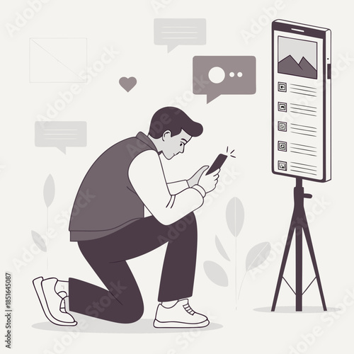 Man kneeling and using smartphone to interact with large vertical screen.